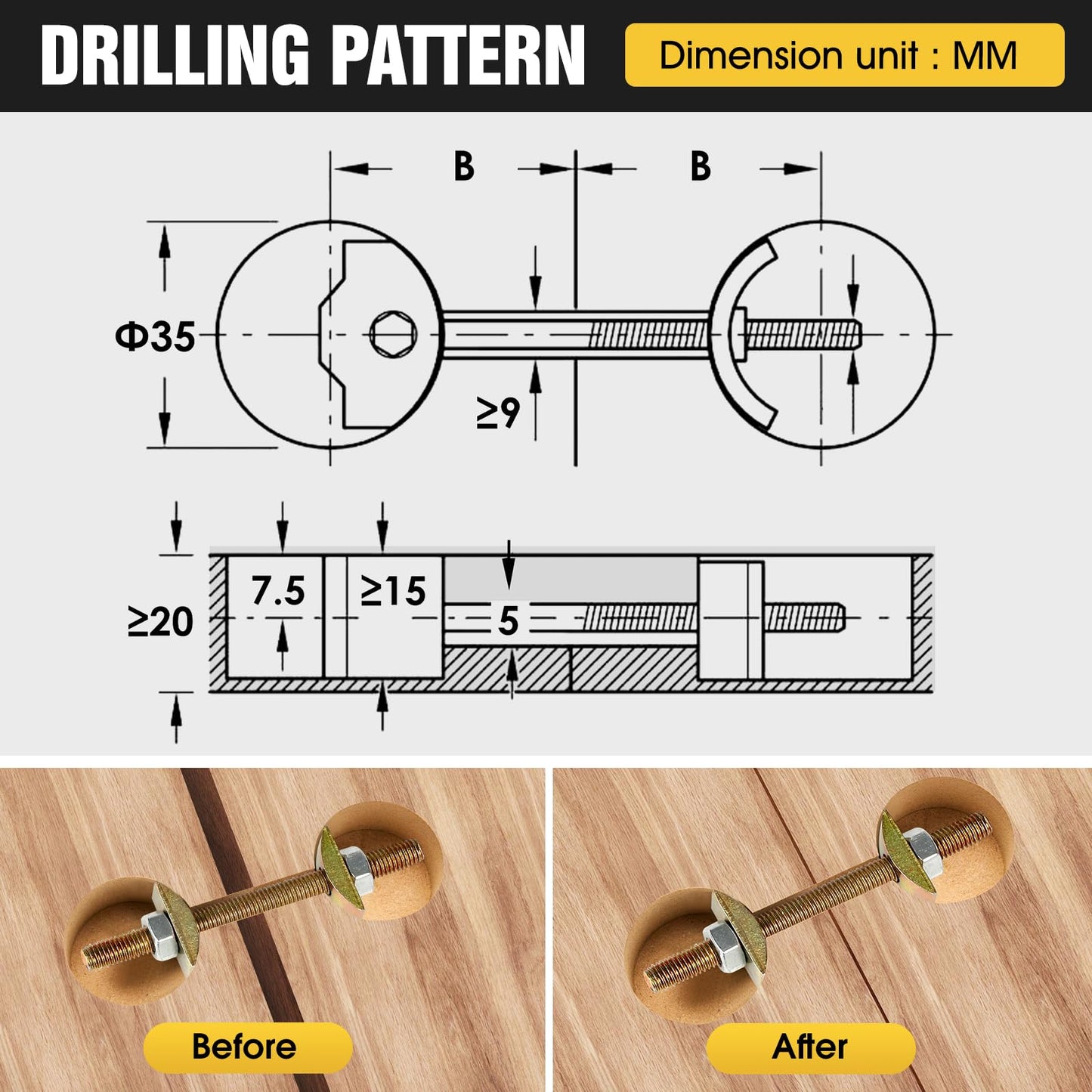 Countertop Joint Connectors,Counter Top Fasteners Bolt,Butcher Block Fasteners Draw Bolts,Miter Bolts Connector Hardware for Bed Frame,Furniture,Table (Yellow M8 100mm)