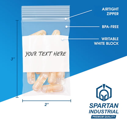 Spartan Industrial - 2" X 3" Plastic Zip Bags With Writable White Block (1000 Count) 2 Mil Small Reclosable Bags for Jewelry, Buttons, Bolts