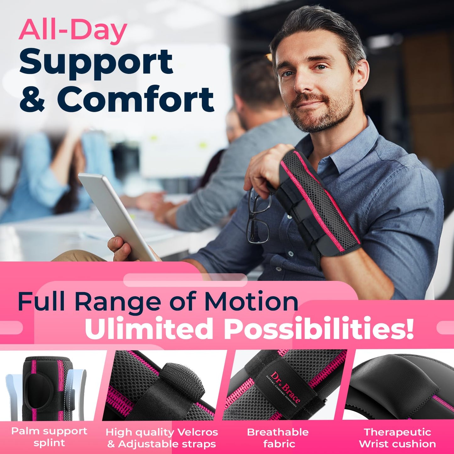 DR. BRACE Adjustable Wrist Brace Night Support for Carpal Tunnel, FSA & HSA Eligible, Doctor Developed, Upgraded with Double Splint & Therapeutic Cushion, Hand Brace for Pain Relief, Injuries, Sprains (S/M Right Hand, Black-Pink)