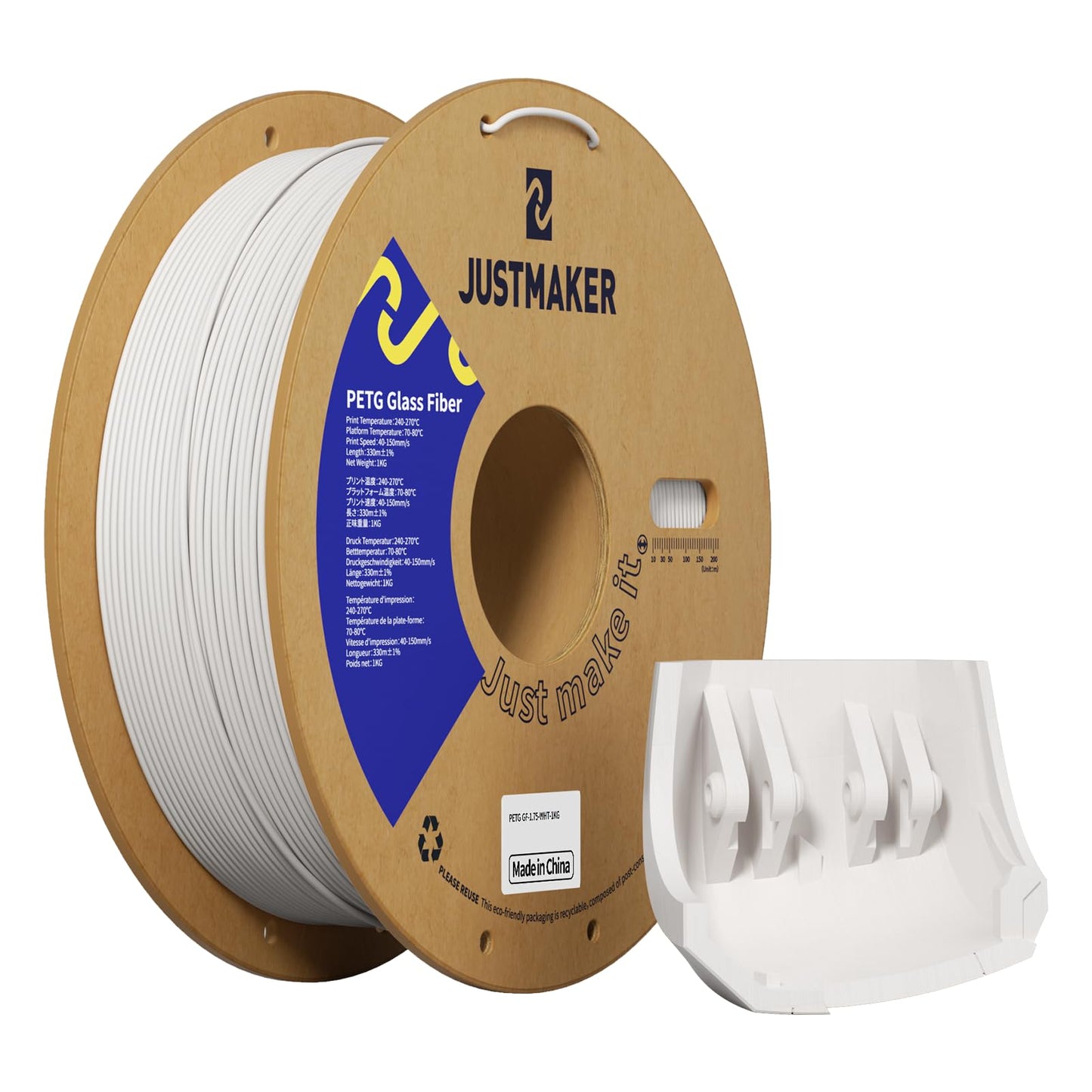 JUSTMAKER PETG Glass Fiber 3D Printer Filament, Updated Stronger Impact Resistance, Dimensional Accuracy +/-0.03mm, 1.75mm, 1kg, White