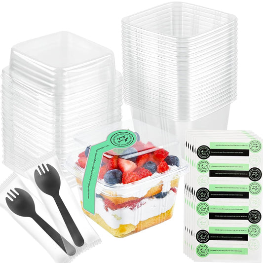 50Pack 8 oz Square Plastic Dessert Cups with Lids and Individually Wrapped Spoons, Clear Disposable Plastic Yogurt Parfait Cups for Cupcake Mousse Yogurt Pudding Mousse Fruits (50Pack)