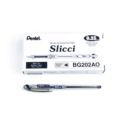 Pentel Arts Slicci Liquid Gel Rollerball Pens, Art, Sketching, Journaling, 0.25mm Extra Fine Point, Black Ink, BG202A, Box of 12