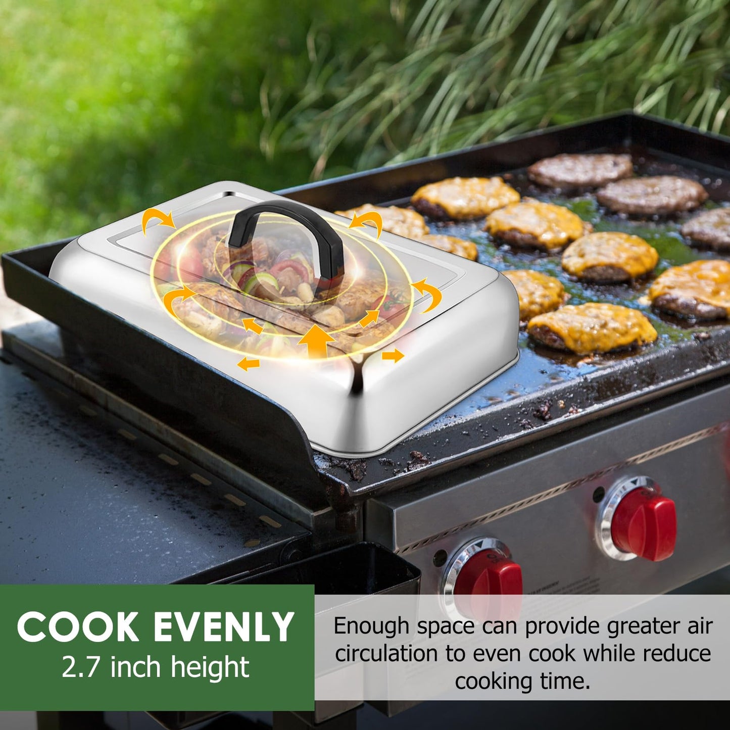 2Pcs 13 x 9.8" Basting Cover for Griddle, Joyfair Rectangular Cheese Melting Dome, Stainless Steel Melt Lid for Outdoor Flat Top Grill, Heat-Resistant Handle & Dishwasher Safe (No Vent)