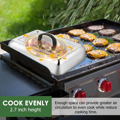 2Pcs 13 x 9.8" Basting Cover for Griddle, Joyfair Rectangular Cheese Melting Dome, Stainless Steel Melt Lid for Outdoor Flat Top Grill, Heat-Resistant Handle & Dishwasher Safe (No Vent)