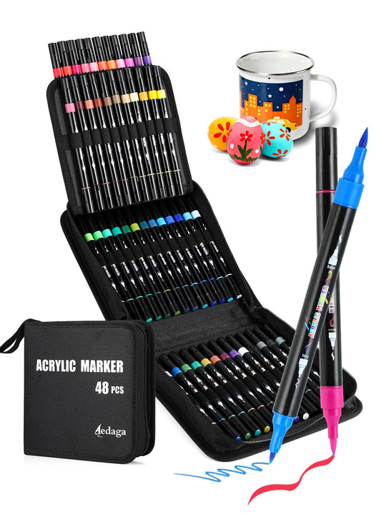 Fnooota 48 Colors Acrylic Paint Markers, Dual Tip Acrylic Paint Pens with Brush Tip and Fine Tip for for Adults, Eggs, Wood, Rock, Canvas, Plastic, Stone, Glass, Ceramic