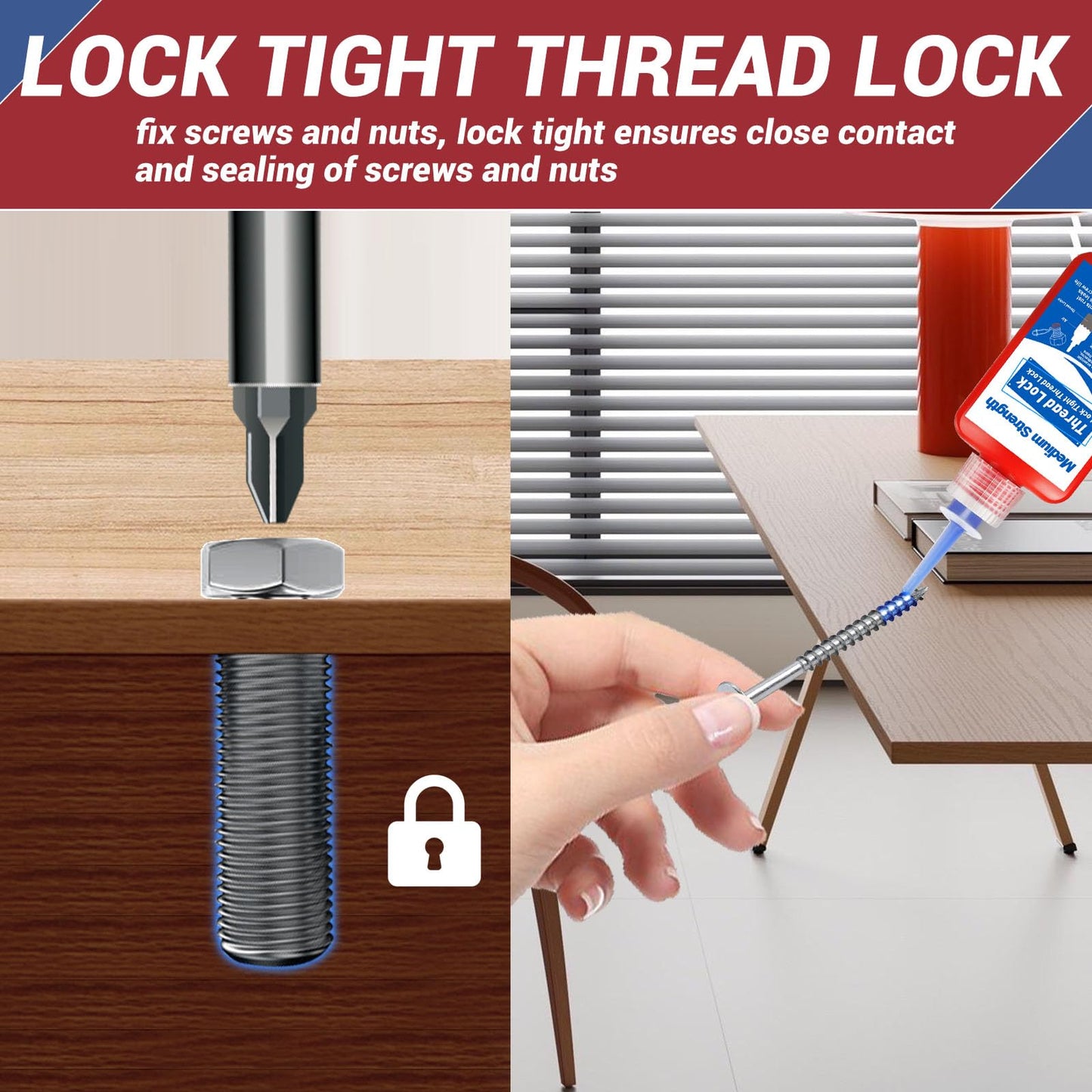 1DFAUL Thread Lock, 50ml x2 Locktight Threadlock Medium and High Strength Lock, Threadlocker Lock & Seal Nuts, Bolts, Stable and Anti-Rust