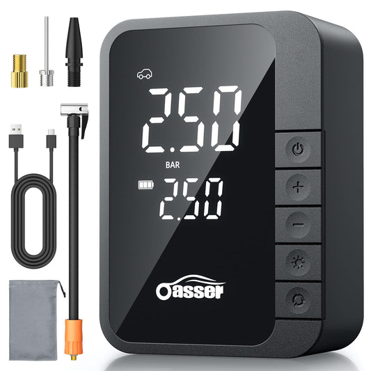 Oasser Tire Inflator Portable Air Compressor 6X Faster 150PSI Cordless Air Pump for Car Tires Electric Tire Pump for Car Motorcycle Bike Ball, LCD Pressure Gauge, LED Light, USB Port, Storage Bag
