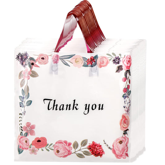 SOUJOY 60 Pack Thank You Bag, Plastic Shopping Bag with Handles, 14'' x 12'' Spring Flowers Reusable Merchandise Bags, Gift bag for Boutique, Clothing, Retail, Party