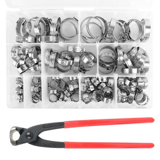 304 Stainless Steel Single Ear Hose Clamps - BeiLan 115Pcs 6-28.6mm Stepless Hose Clamps with Ear Clamp Pincer Cinch Rings Crimp Hoses Clamps Assortment Kit for Water Pipe Plumbing and Automotive Use
