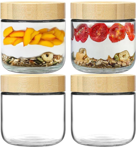 Oillase 4-pack 10oz Glass jars with Airtight Lids, Overnight Oats Containers with Bamboo Lids, Wide mouth Mason Salad jars, Glass Food Storage Containers for Snacks Yogurt Spice Sugar