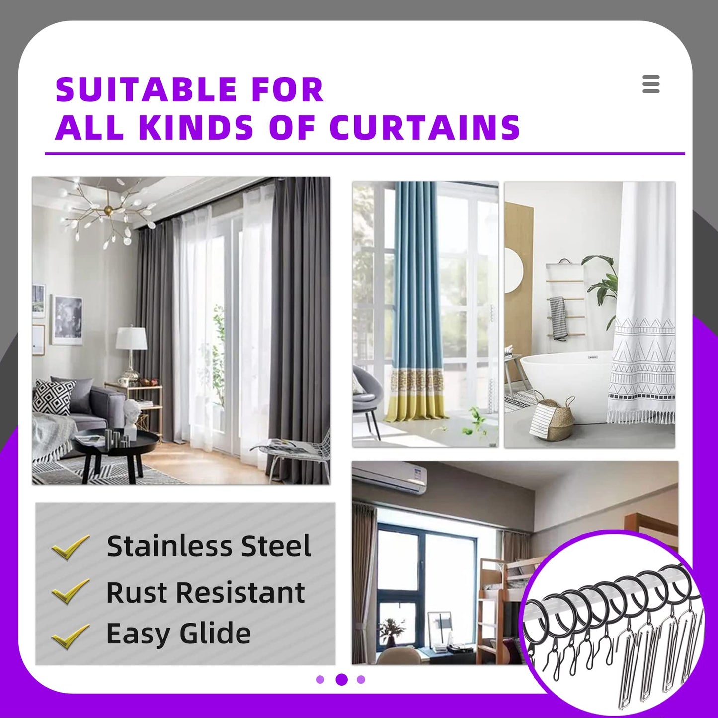 Swpeet 120Pcs Black 1.35 Inch - 30mm Metal Drapery Curtain Rings Curtain Hanging Rings and Stainless Steel 4 Prongs Pinch Pleat Hook with Drapery Curtain Pin-on Hooks Pins for Window, Shower Curtain