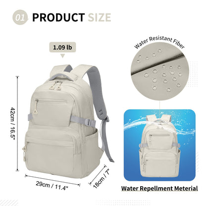 SUIKIHUM Girls Backpack, Lightweight Aesthetic Bookbag with Anti-Theft Pocket, Fit 15.6 Inch Laptop Backpack for College and Daily Use (Beige)