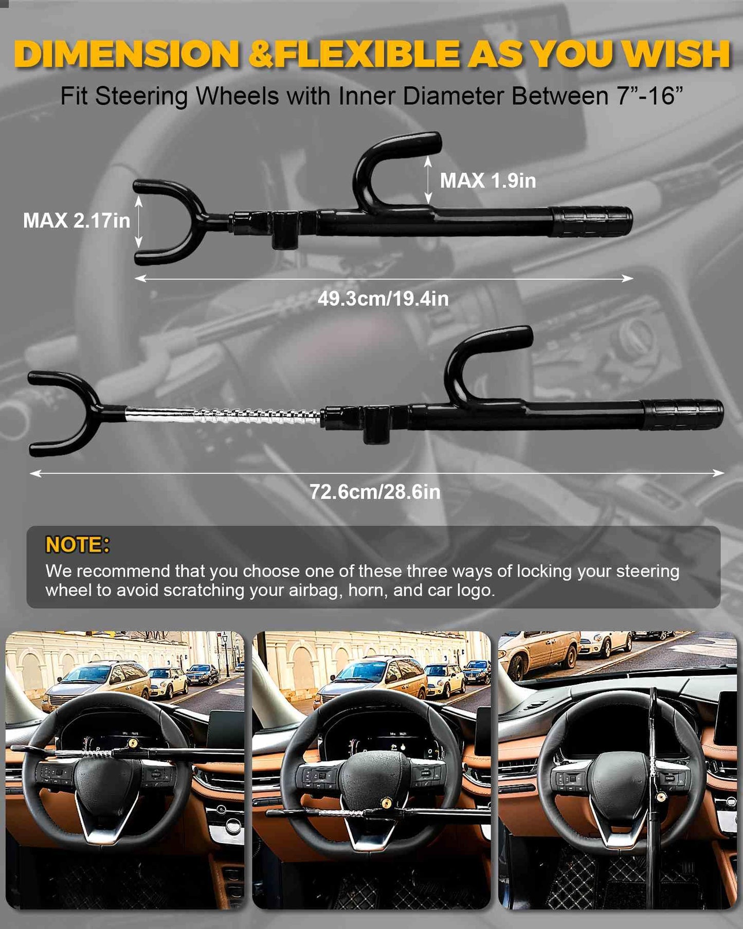Tevlaphee Steering Wheel Lock Anti-Theft Device Security Car Lock Anti Theft Visible Car Steering Wheel Lock Antitheft Locking Devices Adjustable Car Wheel Lock with 3 Keys (Black)