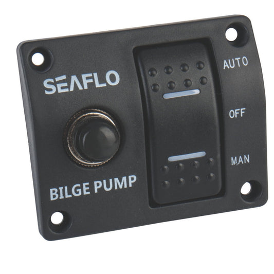 SEAFLO 3-Way Bilge Pump Panel Rocker Switch 32V/24V/12V - Automatic/Off/Manual with Built-in 15A Circuit Breaker, LED Indicator, Marine Grade Black Plastic Panel for Marine Pumps | 4-Year Warranty
