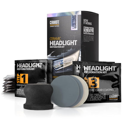 CERAKOTE® Ceramic Headlight Restoration Kit – Guaranteed To Last As Long As You Own Your Vehicle – Brings Headlights back to Like New Condition - 3 Easy Steps - No Power Tools Required