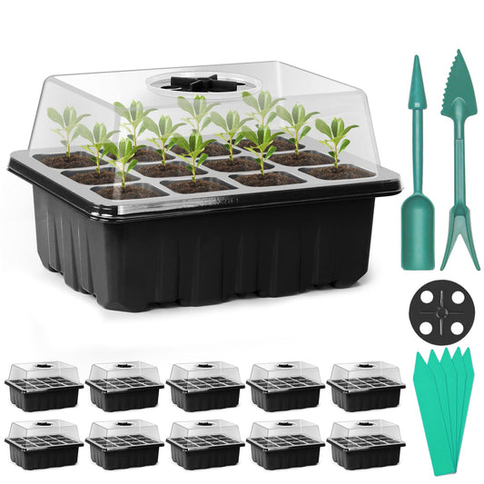 Sfee 10 Pack Seed Starter Tray Kit, 120 Cells Seedling Starter Trays with Humidity Dome and Base Greenhouse Growing Trays, Reusable Seed Germination Seedling Tray with Garden Tools Labels (Black)