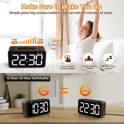 NOKLEAD Digital Alarm Clock with 5.9'' Large Display: Easy to Use for Seniors and Men, 5 Brightness, Aesthetic Room Decor Desk Clocks for Bedroom | Dorm | Living Room | Office (Brown Wood Grain)