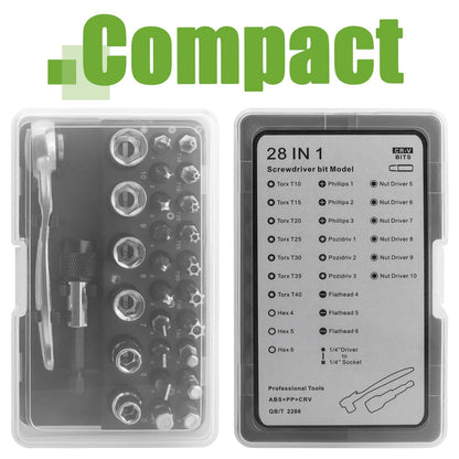 Bestgle Mini Ratchet Set 28 in-1 Right Angle Screwdriver and Bit with Metric Socket Set 1/4 Inch 72 Tooth Small Ratcheting Wrench Low Profile Offset Screwdriver Stubby Ratchet Kit for Tight Spots