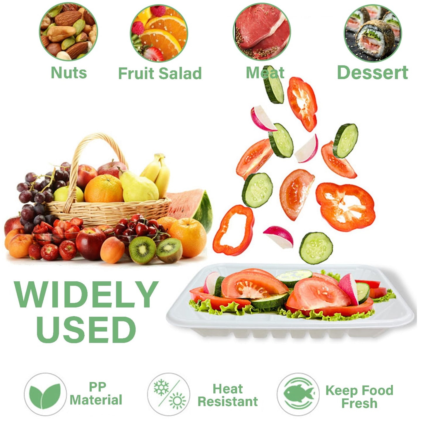 WRINGKIT 300 Pack White Plastic Meat Tray, 8 Inch Rectangular Disposable Plates, Mineral Filled PP Supermarket Meat Trays, Heavy-Duty Plastic Dinner Dessert Plates for Party Restaurant