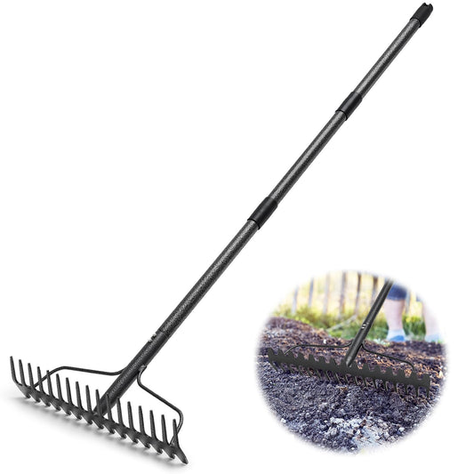 Garden Rake, 6FT Bow Rake Heavy Duty Leveling Rake with Adjustable Handle, 17 Tines Wide Head Metal Thatch Rake for Gardening Leaves Lawn Yard Mulch Rake