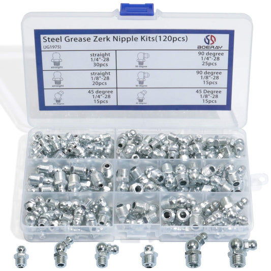 Boeray Hydraulic Grease Fitting SAE Standard 120pcs Assortment Kits - 1/4"-28 1/8"-28 Straight and 90 Degree and 45 Degree Steel Zerk Grease Nipple Fitting