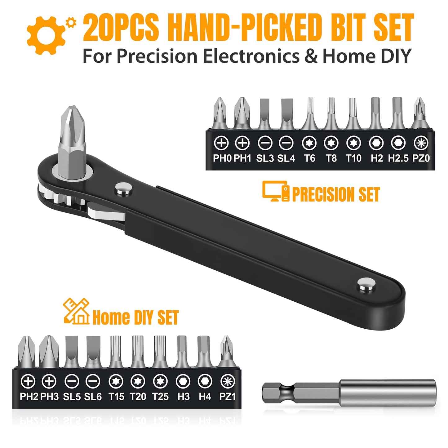 Ratcheting Screwdriver Men Gifts- 90 Degree Offset Screwdriver Bit Set Low Profile Pocket Screwdrive for Tight Space Cool Gadgets Gifts for Men Him Dad Husband (22Pcs Precision & DIY Bit Set)