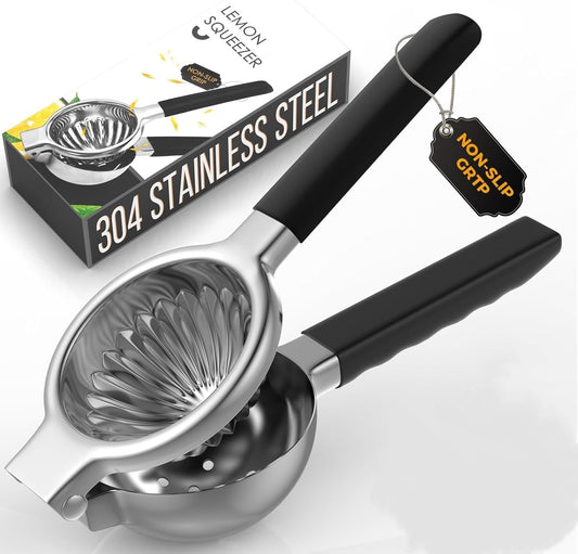 Oillase Stainless Steel Lemon Squeezer - Metal Citrus Juicer - Lime Lemon and Fruit Juicer with Silicone Handles - Large Manual Citrus Press Juicer - Hand Held Squeezer - Ergonomic Design with Solid