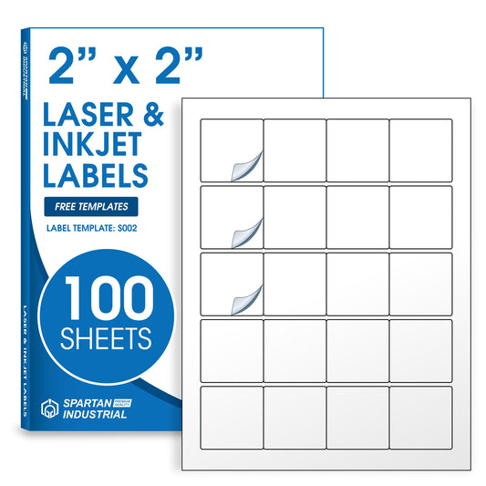 2" X 2" Square Printable Labels Compatible with Inkjet and Laser Printers - 100 Sheets, 2000 Matte White Paper Stickers for Logos, Product Labeling, and QR Codes - Spartan Industrial Template S002