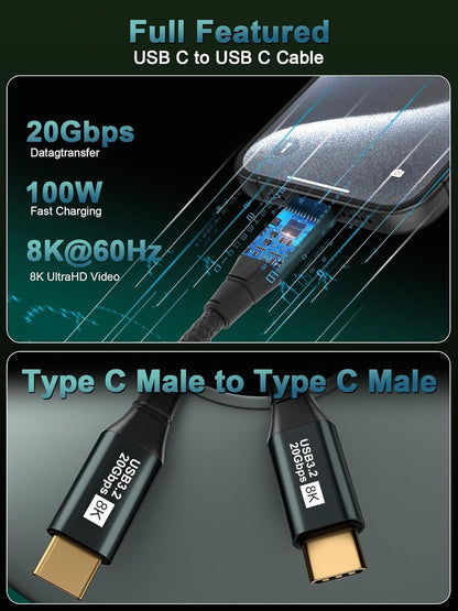 KAKAPOZO USB C to USB C 3.1 Gen 2 Cable-10FT-20Gbps Data Transfer-8K@60Hz Video Output Monitor Cable-100W PD Fast Charging USB C to USB C Display Cable-Type C to Type C