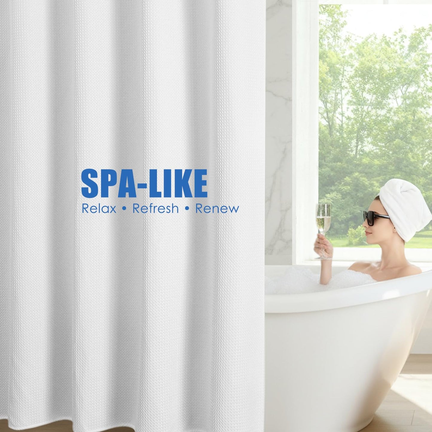 White Waterproof No Hooks Waffle Shower Curtain, 260GSM Heavy Duty Fabric, with 10 Durable Split Grommets, Luxury Hotel Spa Style for Bathroom, Machine Washable, 74 x 72 Standard Size
