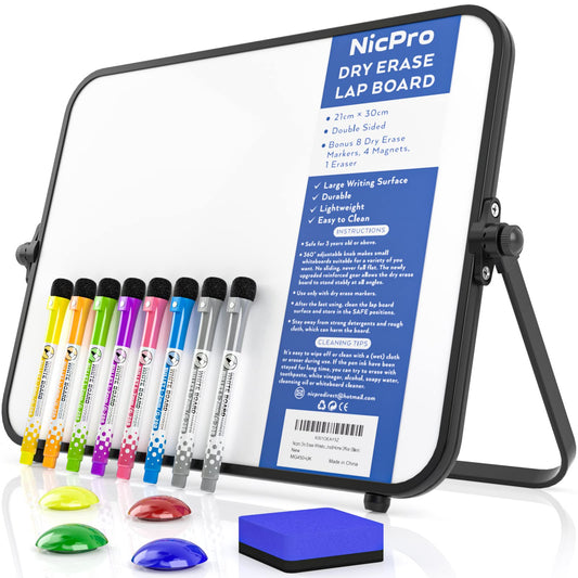 Nicpro Dry Erase Small Whiteboard A4 with Non-Slip Stand, 8 x 12'' Double Sided Magnetic Desktop White Board with 8 Pens, Eraser, 4 Magnet, Portable Writing Easel for School Drawing Student Class Use