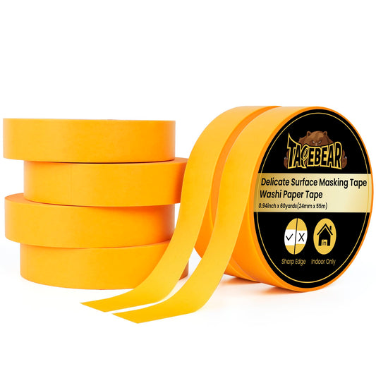 TAPEBEAR Delicate Surface Advanced Masking Tape 0.94" x 55m, Orange Washi Tape Indoor Painters Tape Decorating with No Paint Bleed, Sharp Lines, Surface Damage-Free, Low Tack, 6Rolls