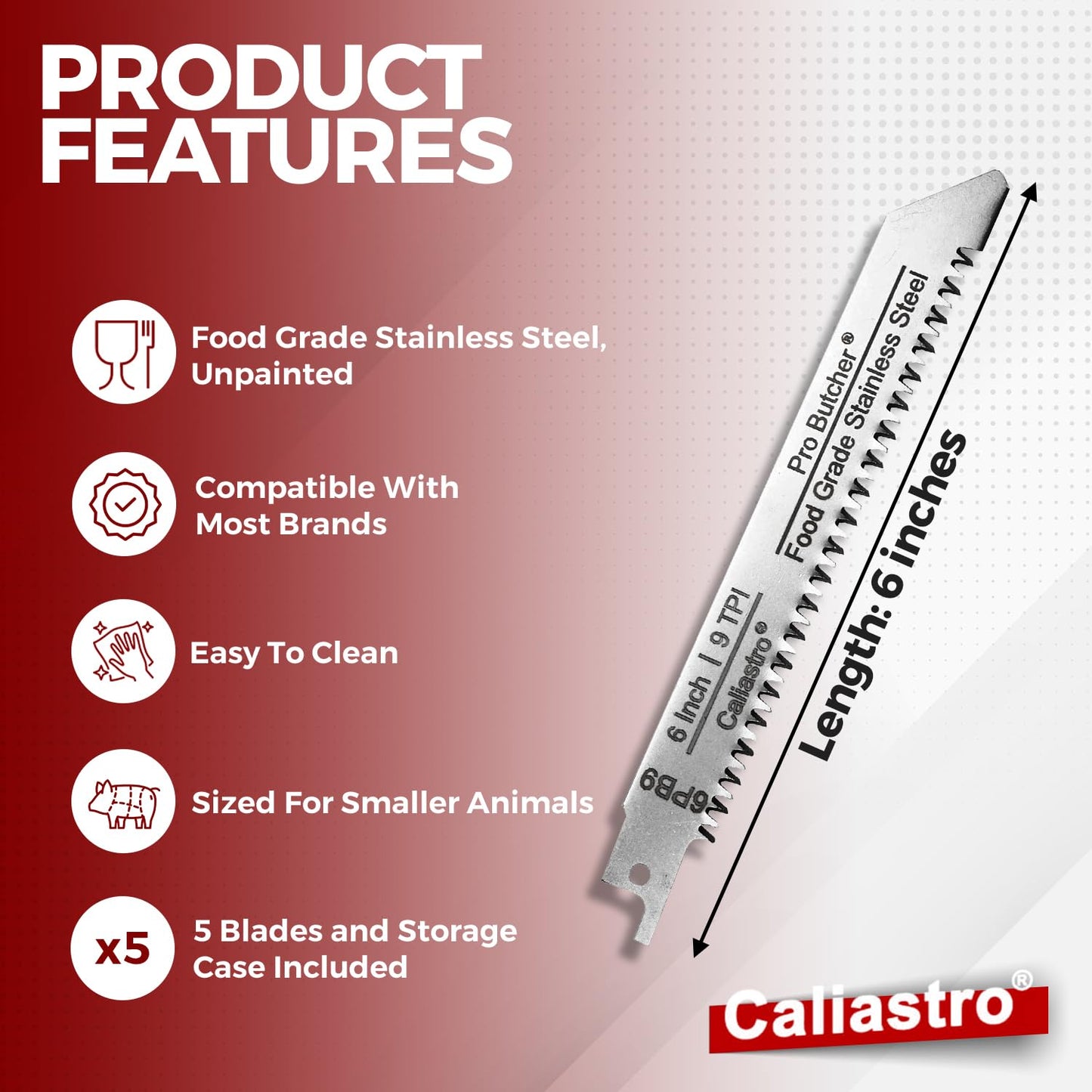 Caliastro 6-Inch Stainless Steel Frozen Meat Bone Cutting Saw Blades for Reciprocating and Sawzall Saws 5-Pack, Black