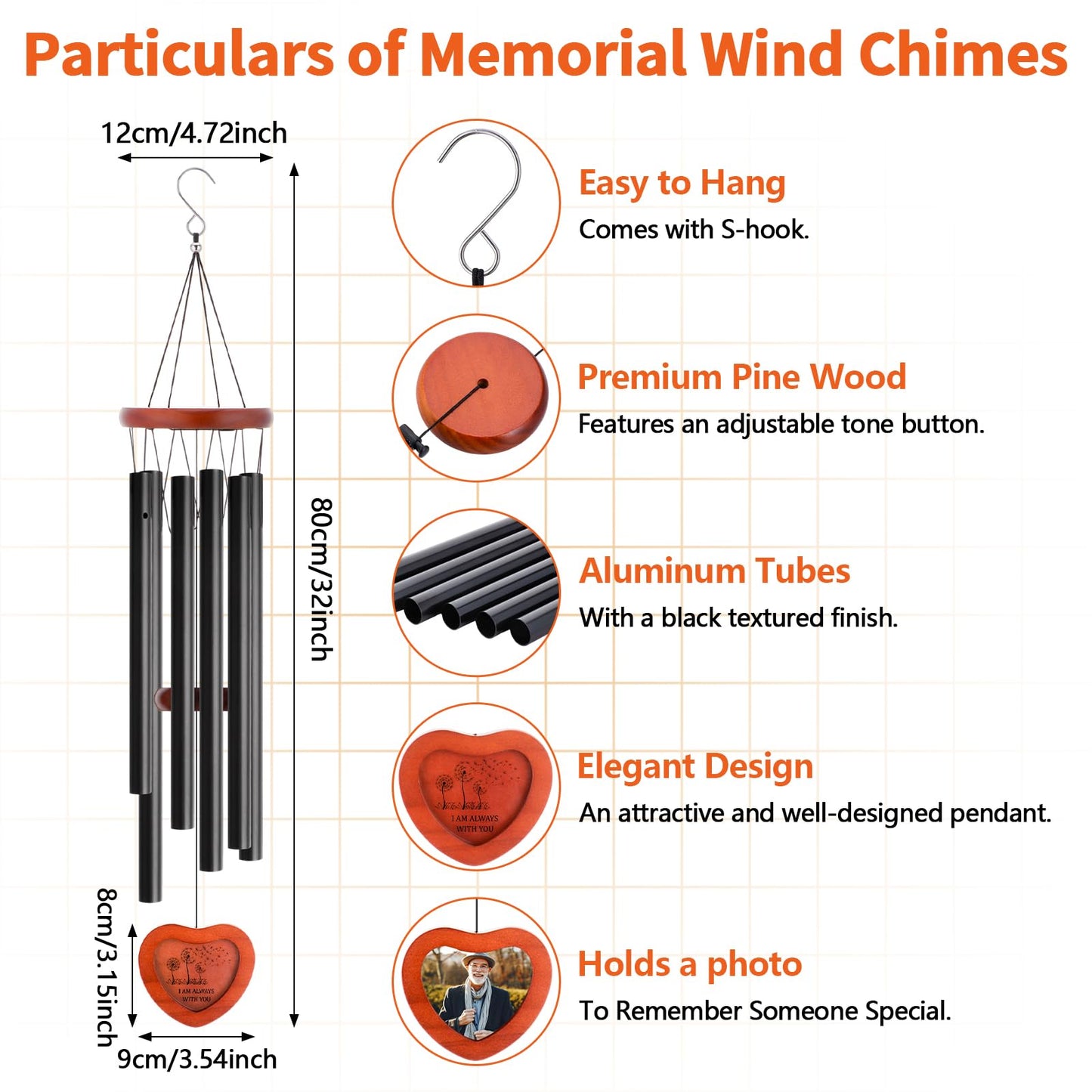 Memorial Wind Chimes Outdoor Personalized 32 Inch Sympathy Gifts Wind Chimes for Loss of a Loved One Bereavement Remembrance Keepsake with Photos for Condolences Loss of Father Mother Son Daughter