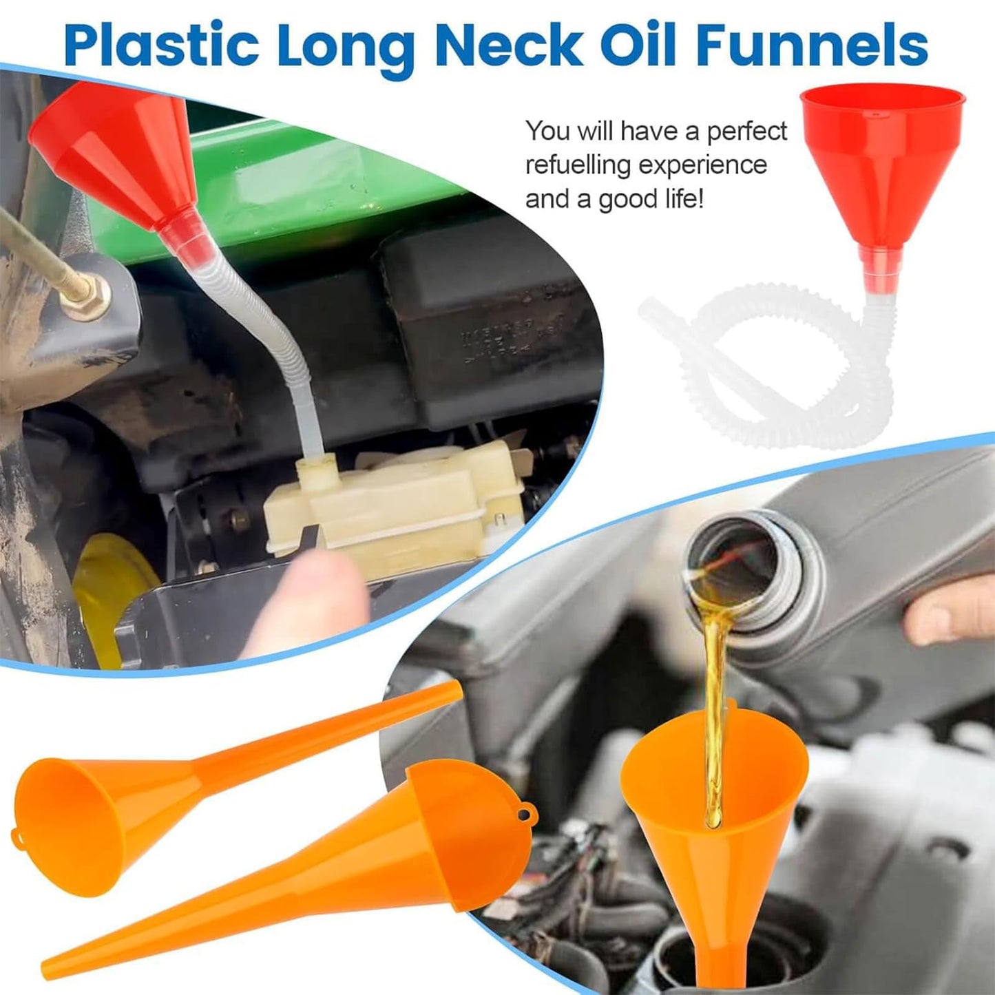 8 Pieces Filling Funnel Set, Gasoline Fuel Funnel，Right Angle Flexible Plastic Funnel Set, Universal Auto Gasoline Fuel Funnel with Detachable Hose and Manual Oil Absorber