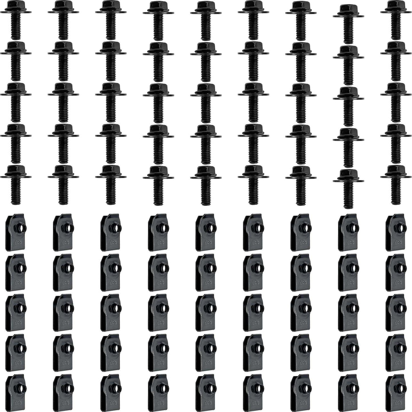 CSMATEYEAH 100 Pcs M6-1.0 Body Bolts U Nuts Kits, Bumper Fender Liner Push Pull Metal Rust-Resistant U Retainer, Universal for Most Cars Fastening Accessories, Steel, Black