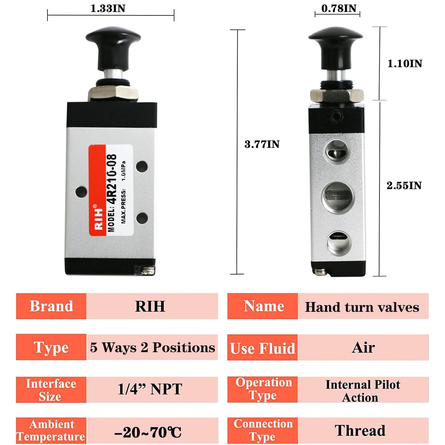 RIH 5 Way 2 Postion Air Valve Air Hand Lever Operated Valve Pneumatic Solenoid Valve Manual Control Push Pull Valves 4R210-08 (1/4" NPT)
