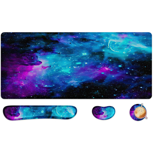 4-in-1 Large Gaming Mouse Pad, Keyboard Wrist Rest Pad & Wrist Support Mouse pad Set, Ergonomic Mouse Pad, Extended Desk Pad Waterproof Desk Mat for Home Office Study - Nebula Galaxy