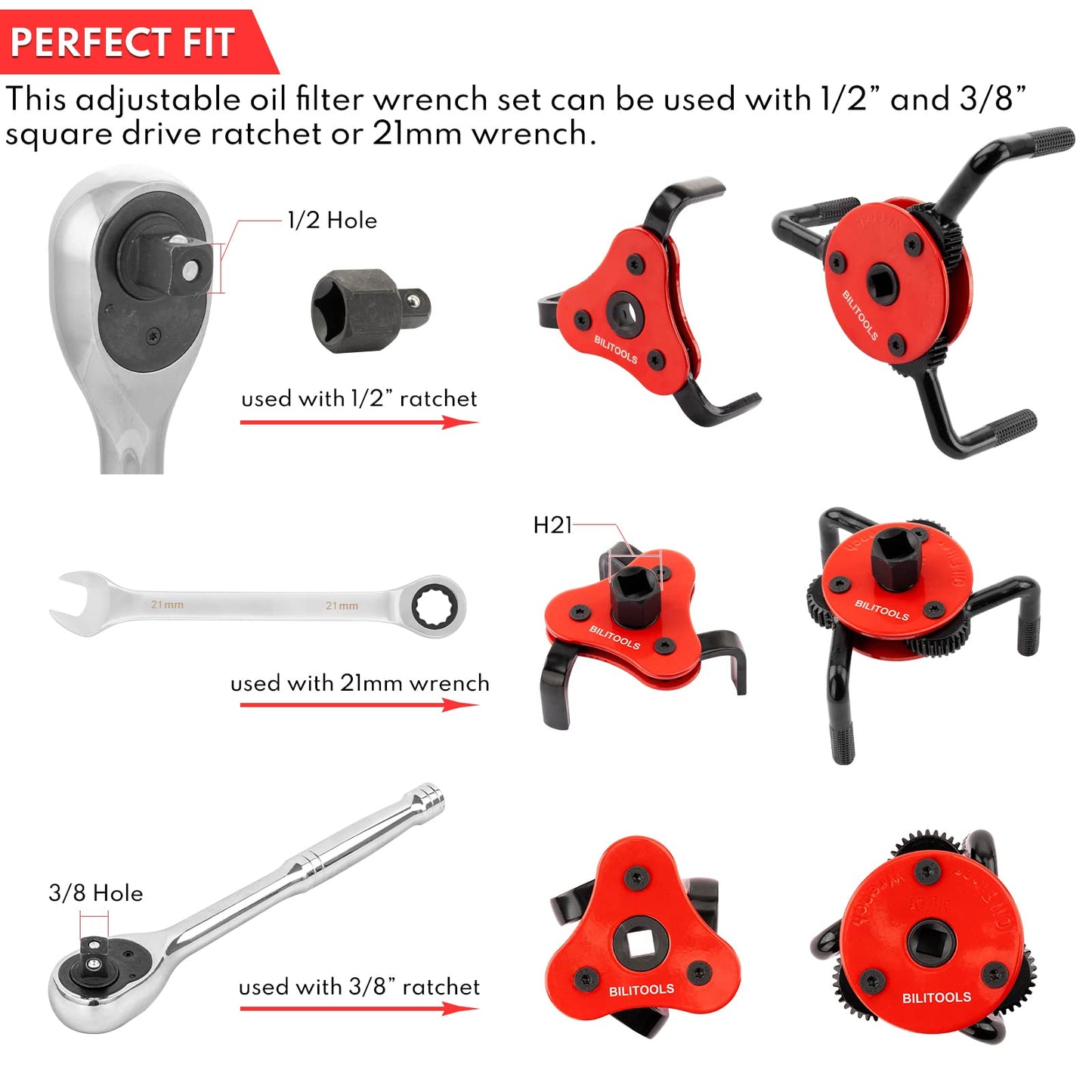 BILITOOLS Oil Filter Removal Tool, Universal Oil Filter Wrench Set Adjustable 2-1/2 to 4 inch & 3 to 5-1/8 inch, 1/2" Drive
