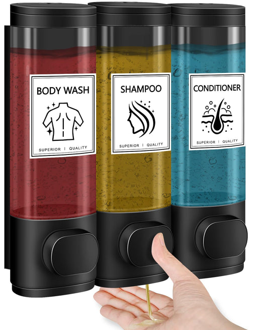 Volufia Shower Dispenser 3 Chamber No Drill, Shampoo Dispenser for Shower Wall, Shampoo and Conditioner Dispenser, Shower Soap Dispenser Bathroom 3x300ML, Black