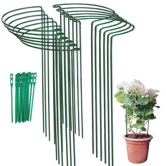 12 Pack Garden Plant Support Stakes Ring Cages with Garden Plant Ties, 10" Wide x 16" High Metal Half Round Plant Ring for Peonies, Hydrangea, Tomato, Rose