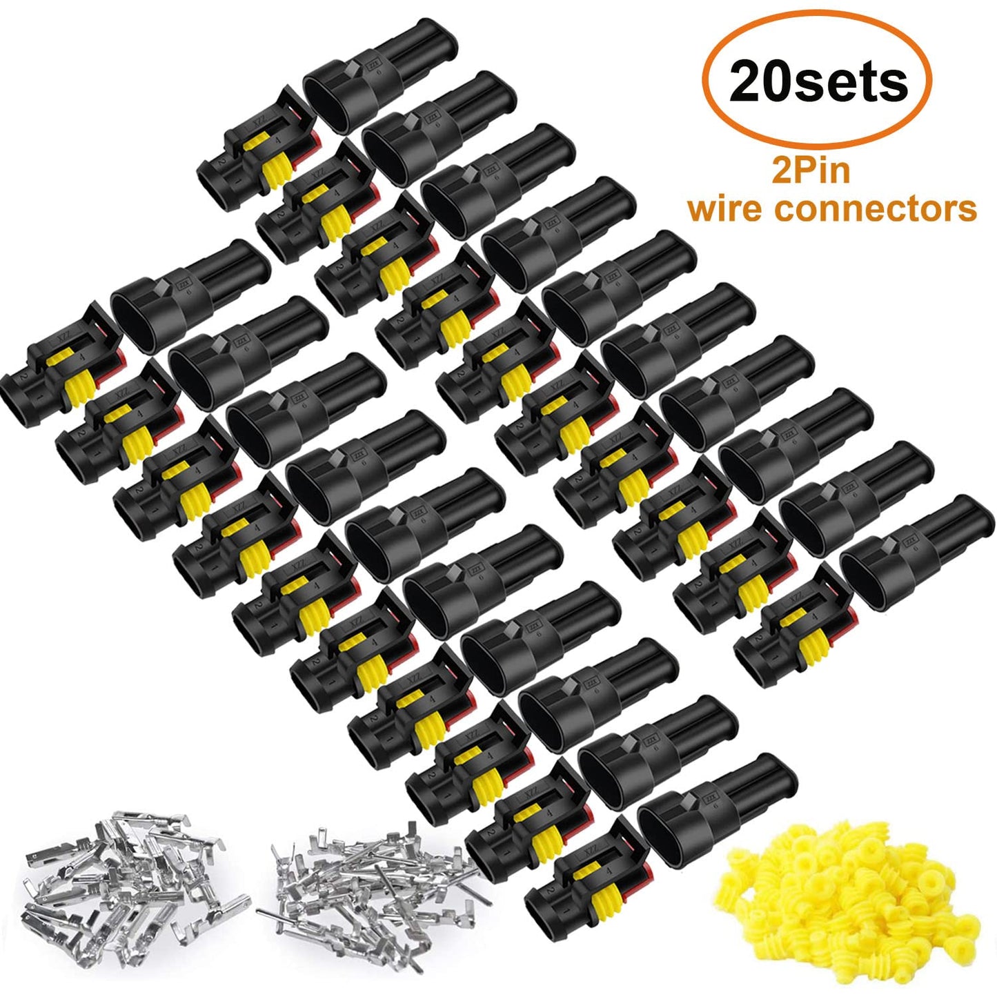 Twippo 20 Kits 2 Pin Connector Automotive Electrical Connectors 2 Wire Connectors Waterproof Connector Disconnect and Connect 22-16 AWG