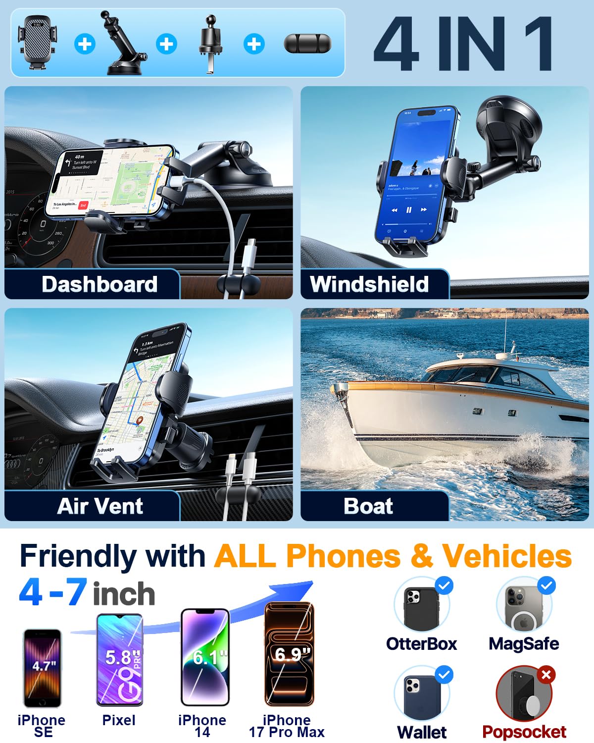 [True Military-Grade & 360° Rotatable Suction] 2026 YRU Ultimate Car Phone Holder Mount 【90+LBS Safest Strongest & Patent Certs】 Dashboard Windshield Vent for iPhone 17 16 Pro Max Samsung,Dark Black