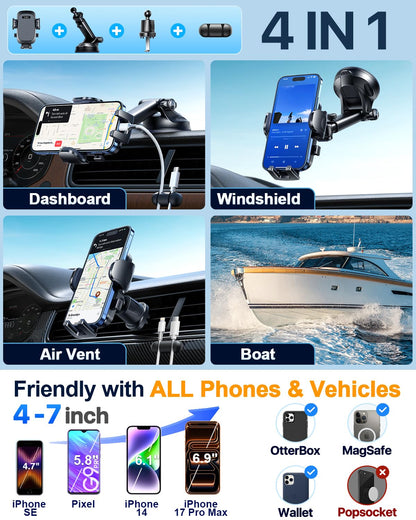 [True Military-Grade & 360° Rotatable Suction] 2026 YRU Ultimate Car Phone Holder Mount 【90+LBS Safest Strongest & Patent Certs】 Dashboard Windshield Vent for iPhone 17 16 Pro Max Samsung,Dark Black