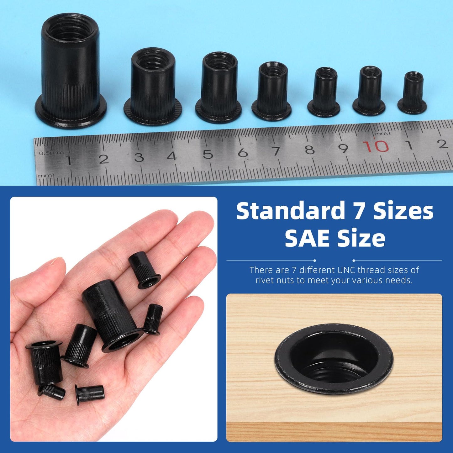 Glarks 320Pcs 5/32"-32UNC 8-32UNC 10-24UNC 1/4"-20UNC 5/16"-18UNC 3/8"-16UNC 1/2"-13UNC Rivet Nuts Kit Black Zinc Plated Carbon Steel Flat Head Rivnut Threaded Insert Rivet Nuts Assortment Set