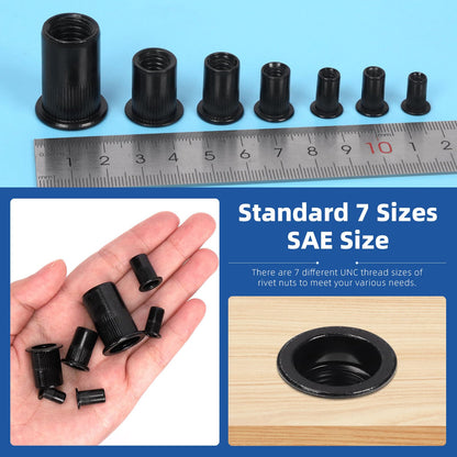 Glarks 320Pcs 5/32"-32UNC 8-32UNC 10-24UNC 1/4"-20UNC 5/16"-18UNC 3/8"-16UNC 1/2"-13UNC Rivet Nuts Kit Black Zinc Plated Carbon Steel Flat Head Rivnut Threaded Insert Rivet Nuts Assortment Set