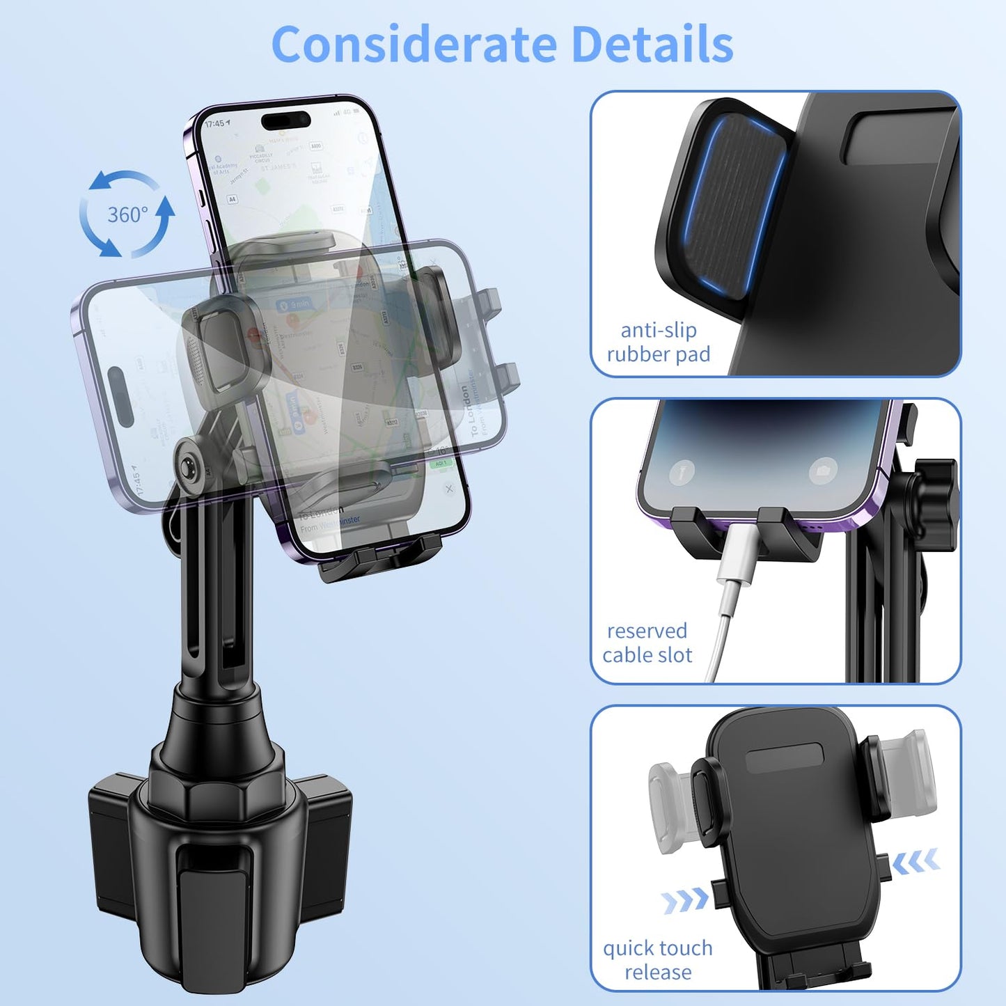 Cup Phone Mount for Car, [Upgraded Version] Universal Cup Phone Cradle Holder with Long and Adjustable Neck, Friendly Compatible with Cell Phone iPhone, Sam-Sung, Google and All Smartphones