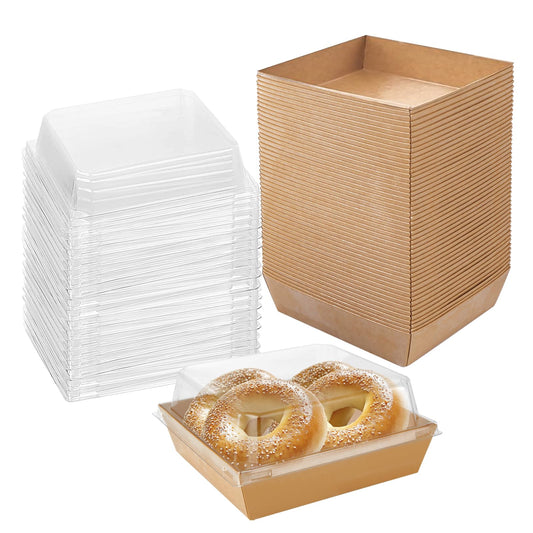 50PCS Charcuterie Boxes with Clear Lids, 5 Inch Brown Kraft Paper Dessert Boxes Disposable Square Food Containers, Snackle Box Sandwich Boxes for Strawberries, Slice Cake,Hot Cocoa Bombs