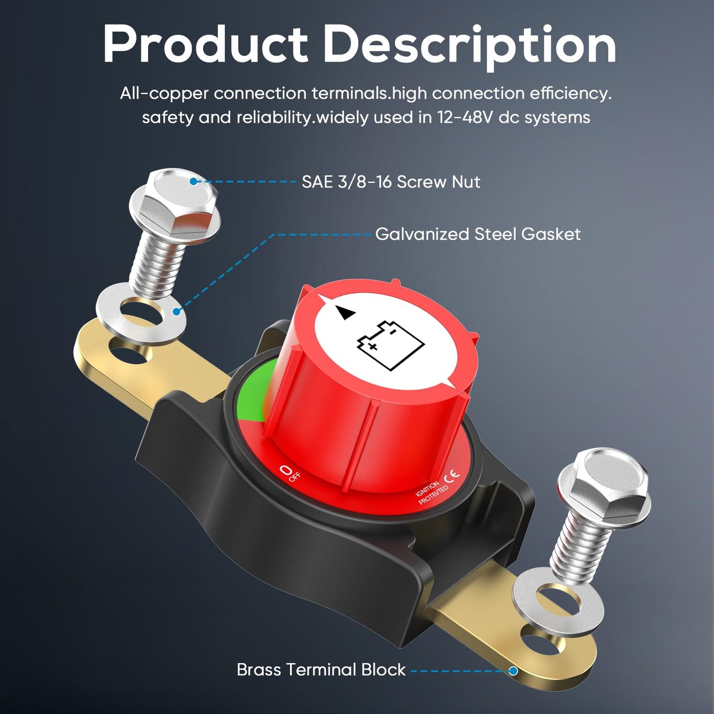 Side Post Battery Disconnect Switch, On/Off 12-48V Side Post Battery Switch Heavy-Duty Battery Disconnect Switch for Cars, Vehicles, RVs, and Boats