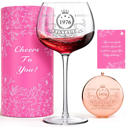 50th Birthday Gifts for Her – 1976 Vintage Wine Glass & Matching Mirror, Elegant Present for Mom, Friend, Daughter, Sister or Wife – Celebrating 50 Years of Love and Life